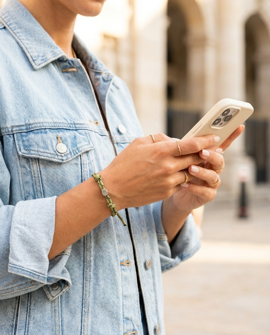 Lükii EVERYDAY Olive band street style with denim jacket in golden hour light