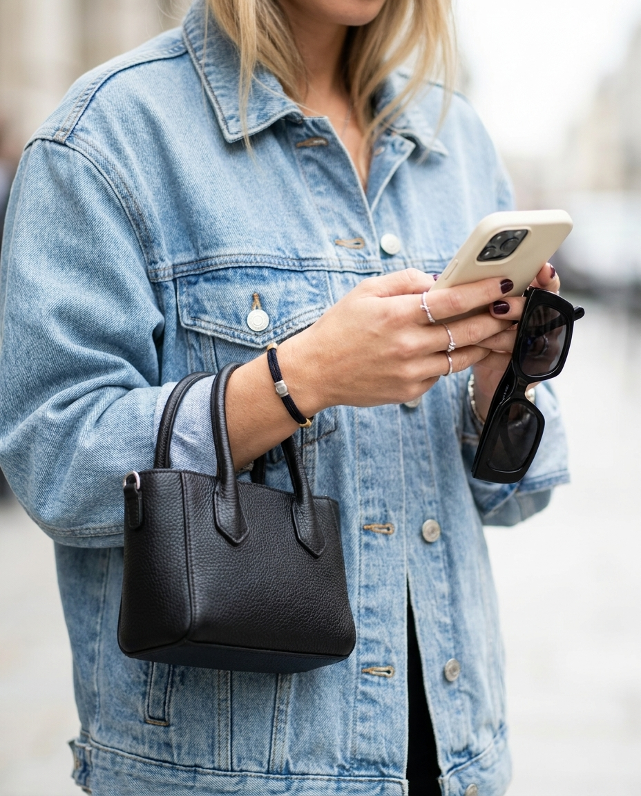 Lükii CLASSIC Midnight band worn street-style with denim jacket and black mini bag